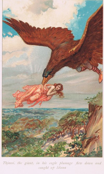 Thjassi, the giant in his eagle plumage, flew down and caught up Iduna, illustration from 